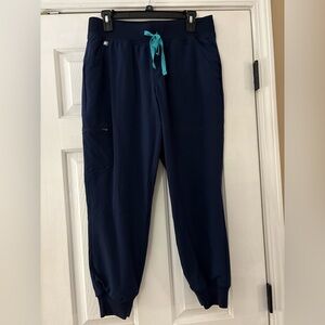 Figs Women's Navy Jogger Scrub Pants with Teal Drawstring- medium petite